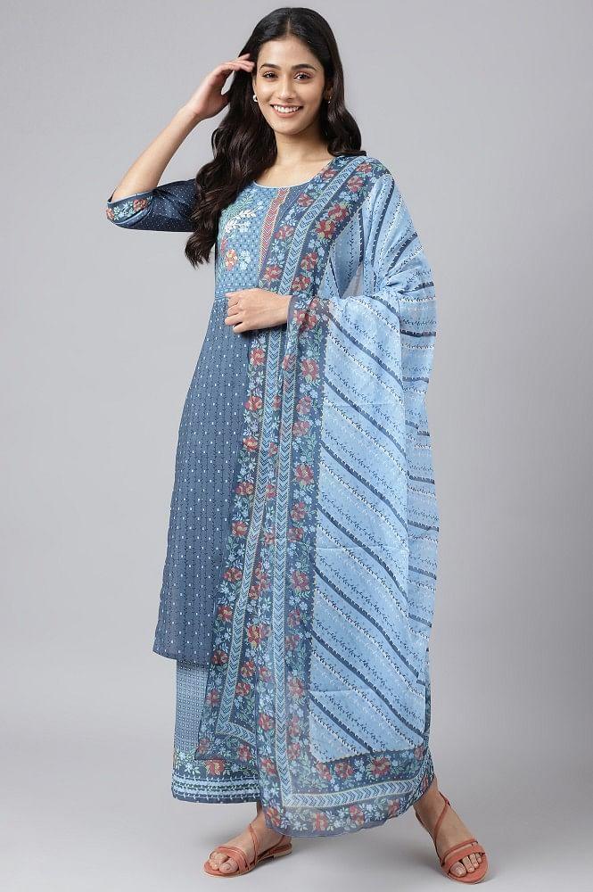 blue printed kurta with straight palazzo and dupatta