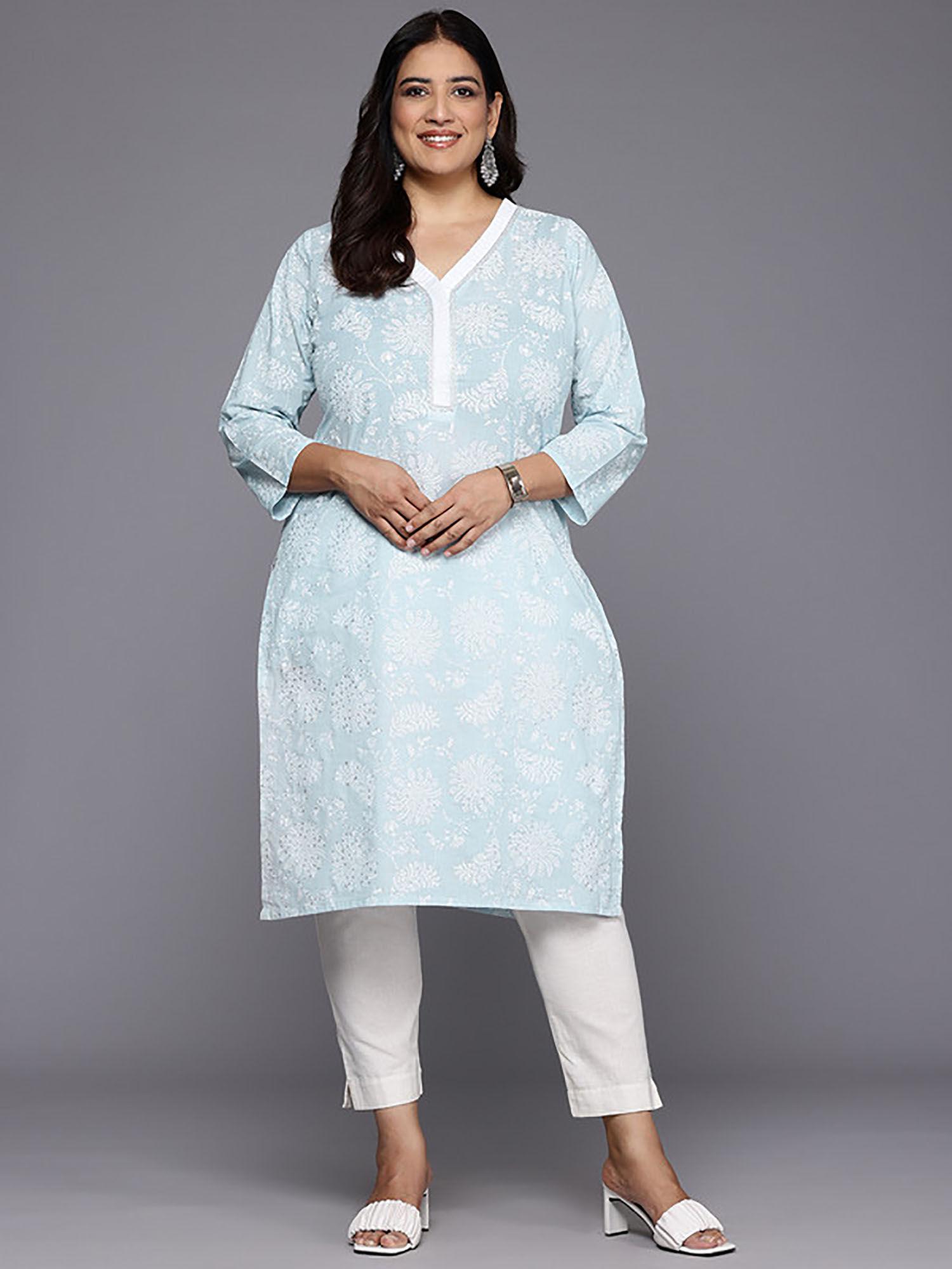 blue printed lace pure cotton kurta