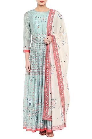 blue printed long anarkali with beige dupatta