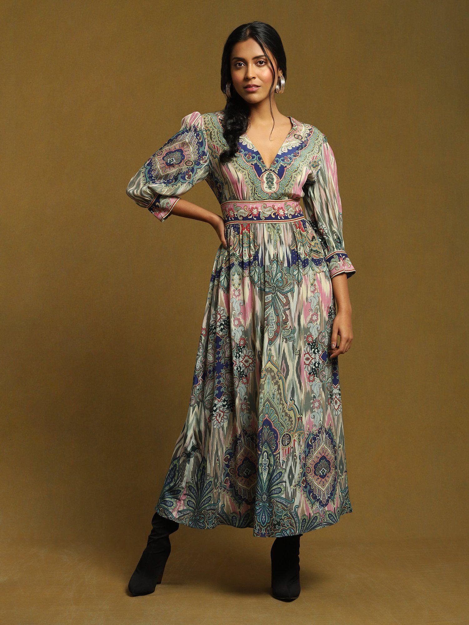 blue printed long dress