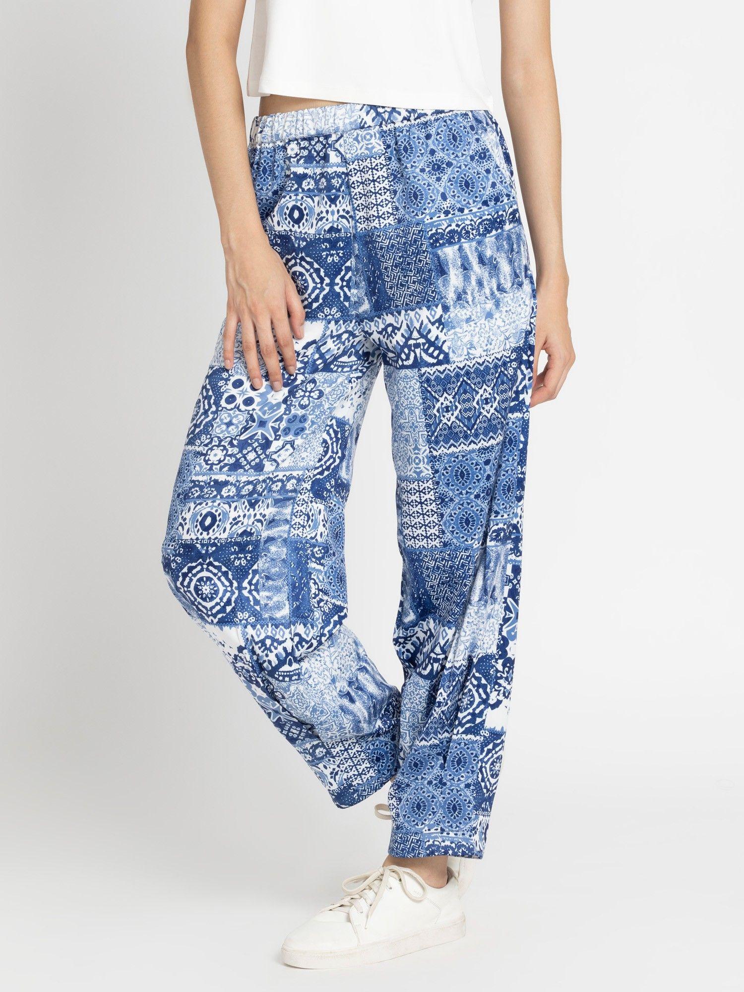 blue printed mid-rise casual trousers for women