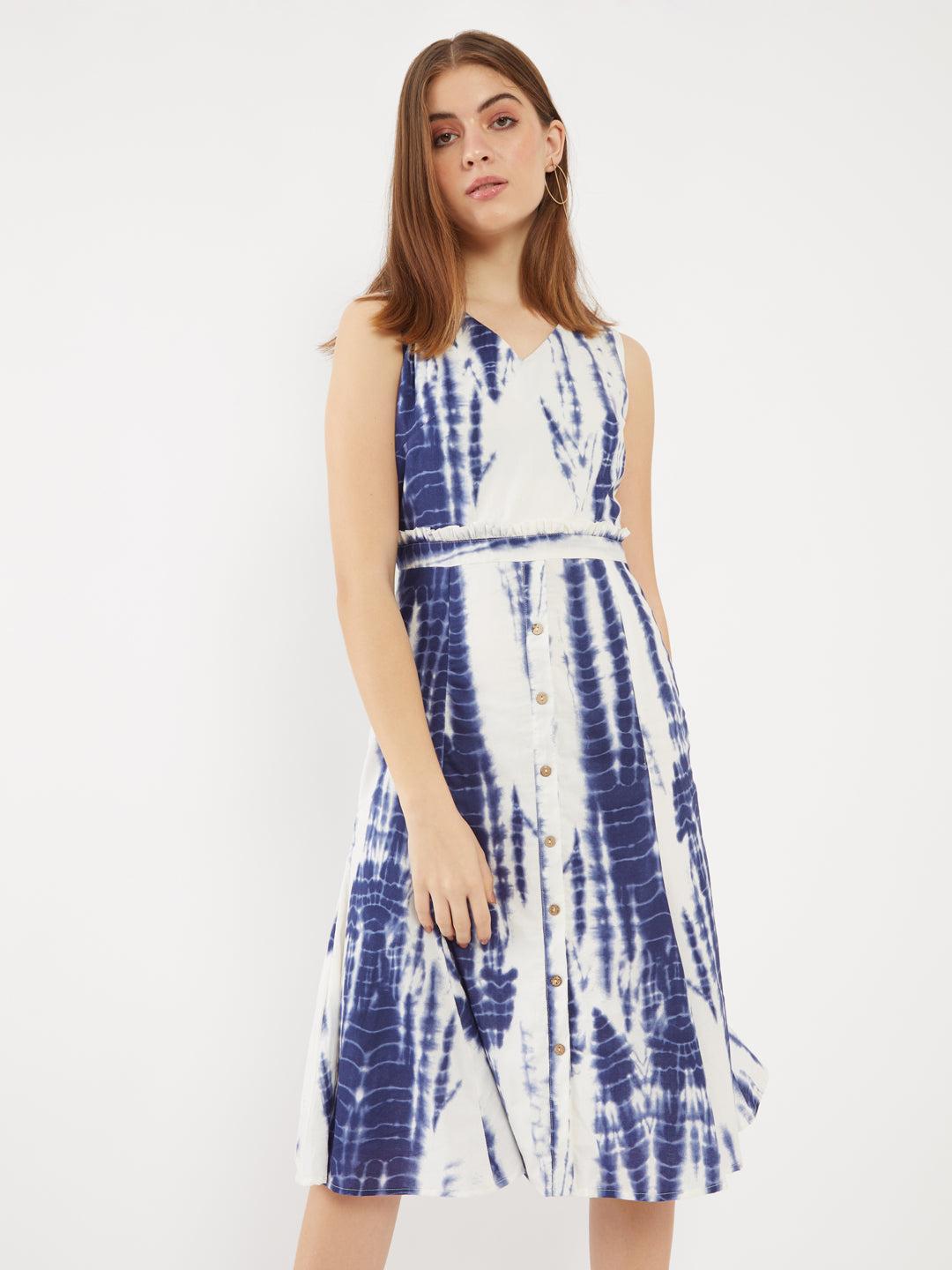 blue printed midi dress for women