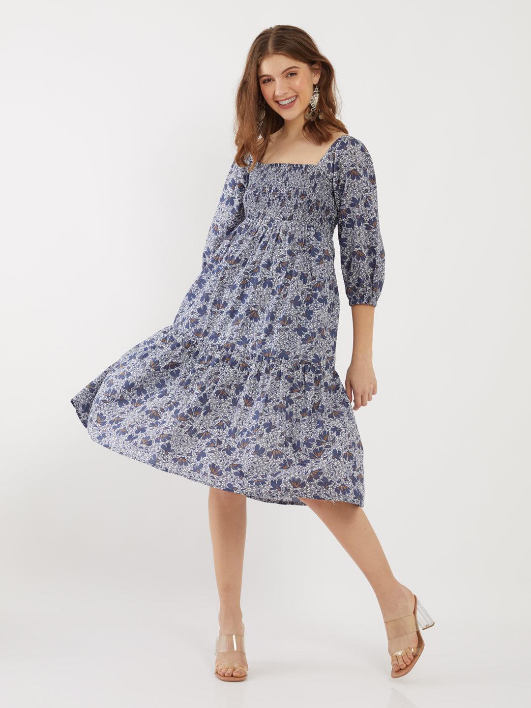blue printed midi dress for women