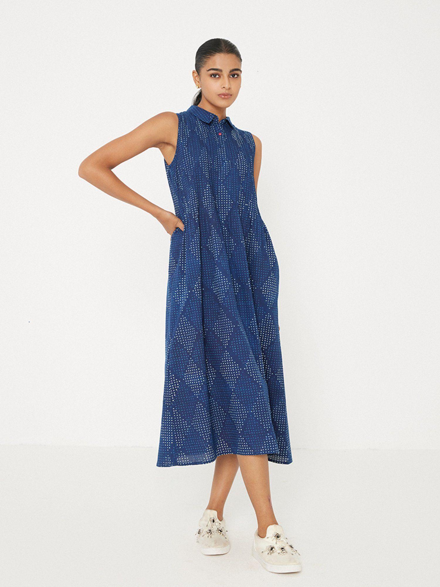 blue printed midi dress