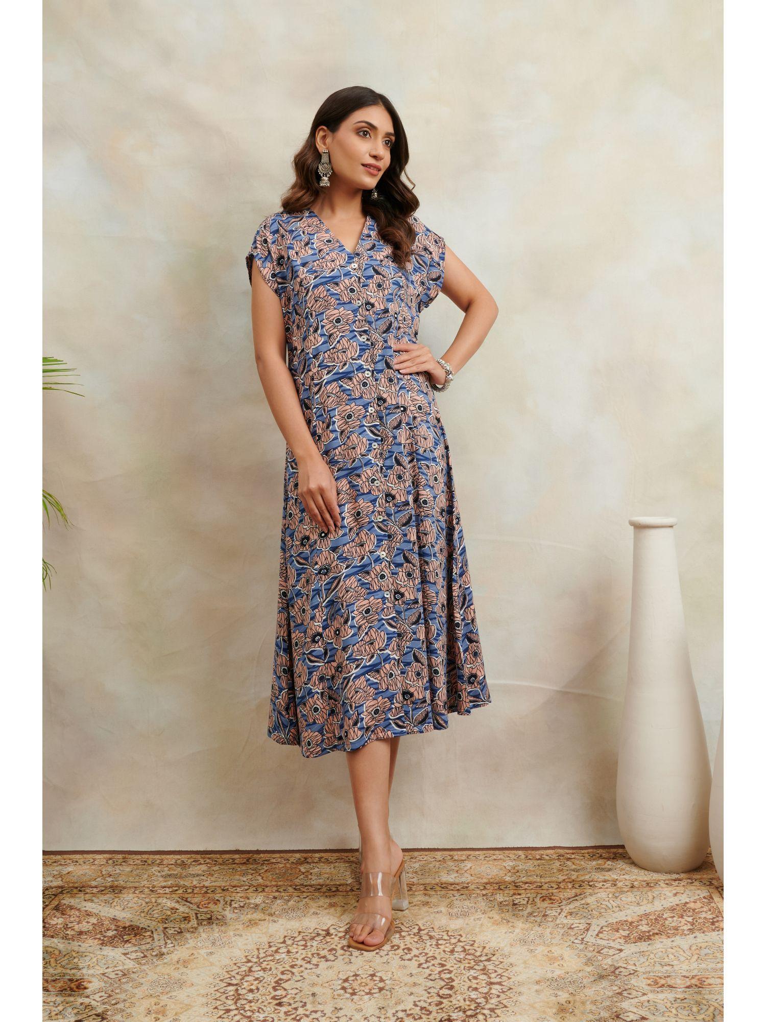 blue printed modal dress