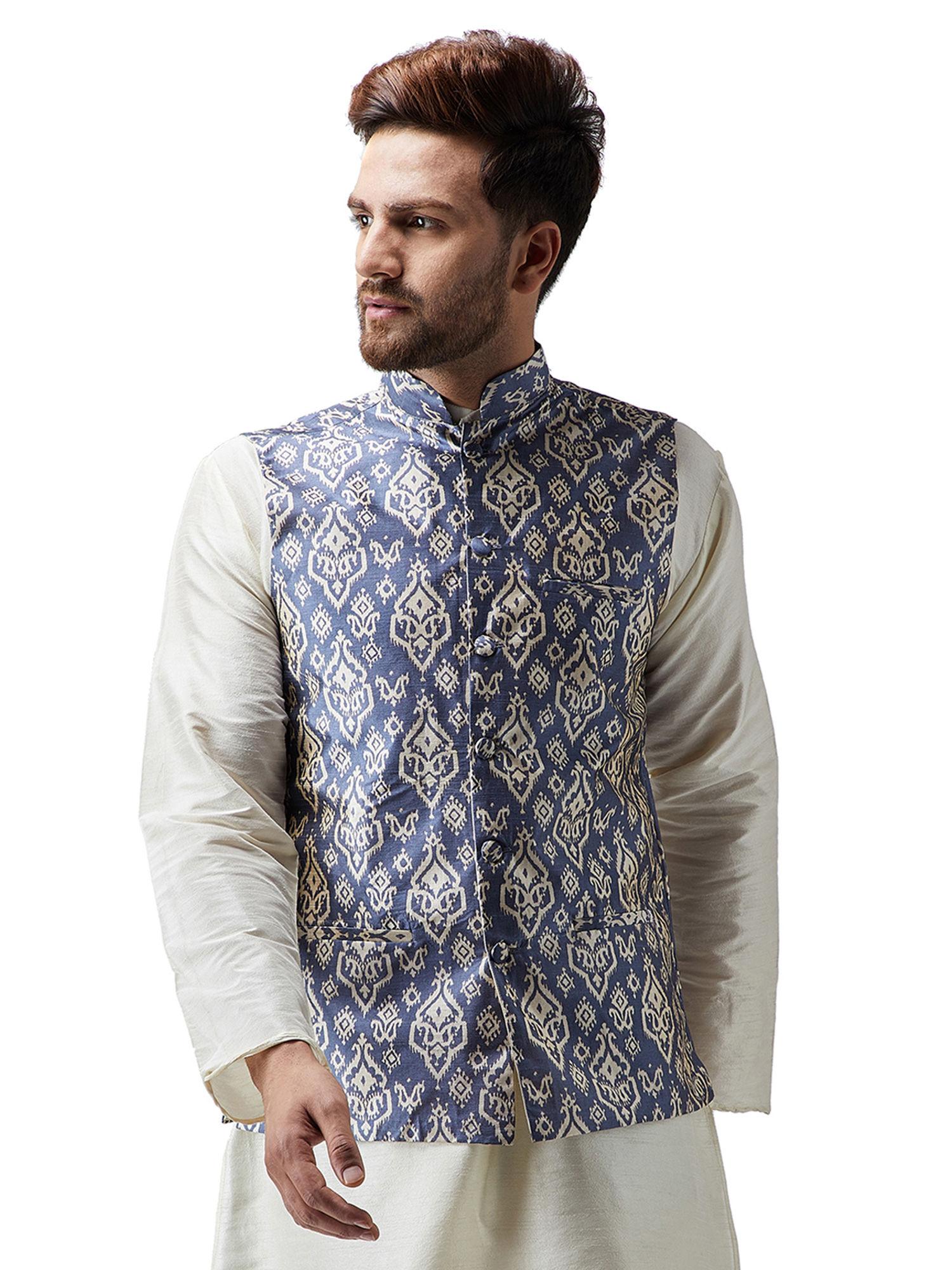 blue printed nehru jacket