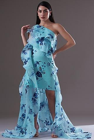 blue printed organza high-low dress