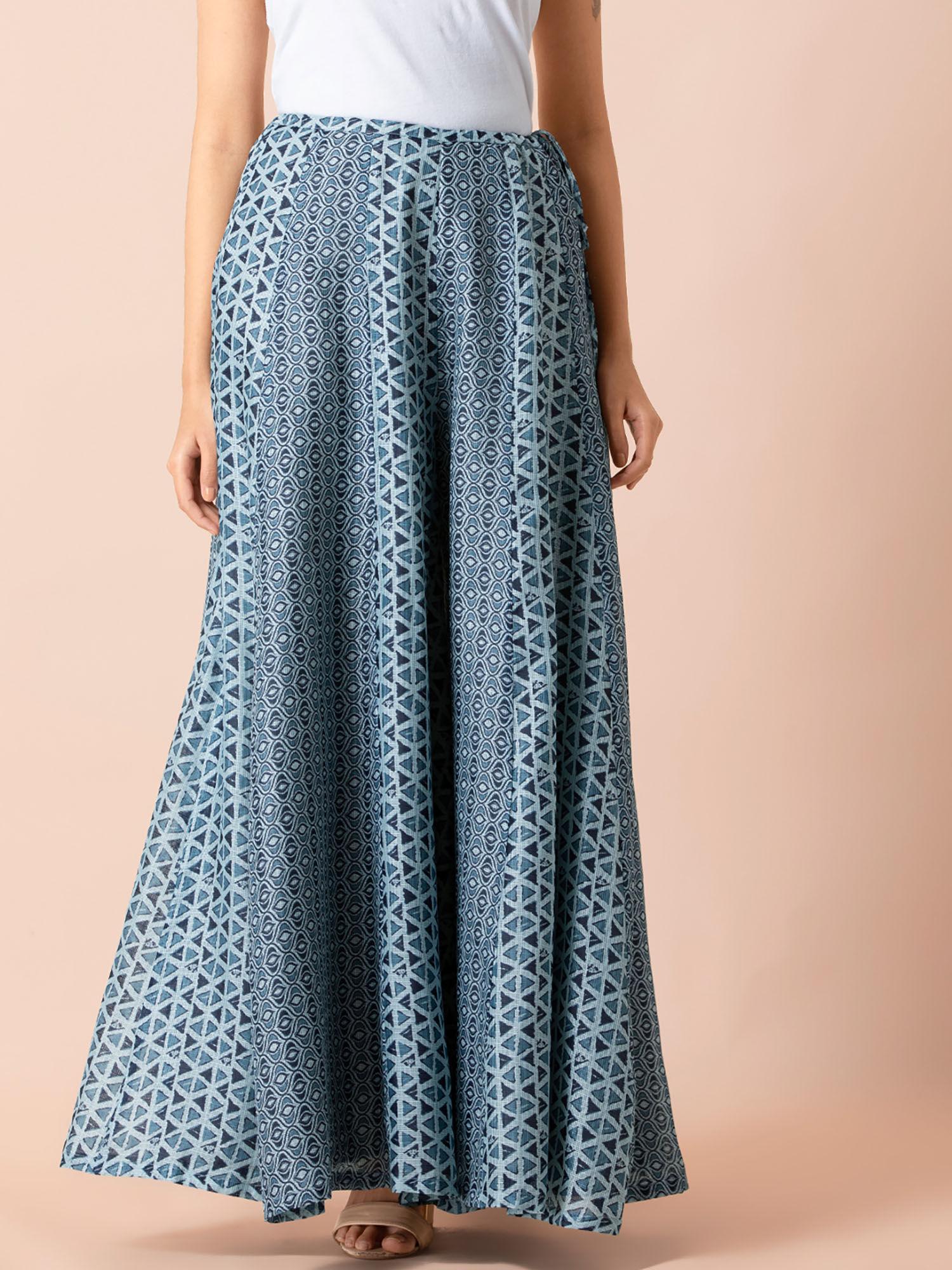 blue printed panelled flared palazzo pants