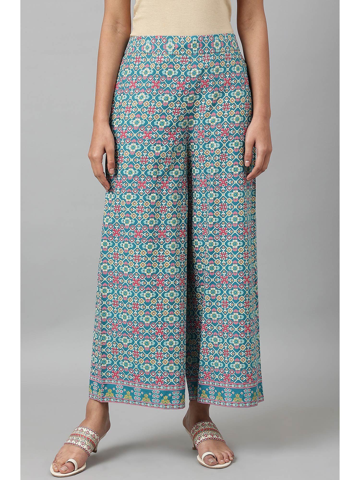 blue printed parallel pants