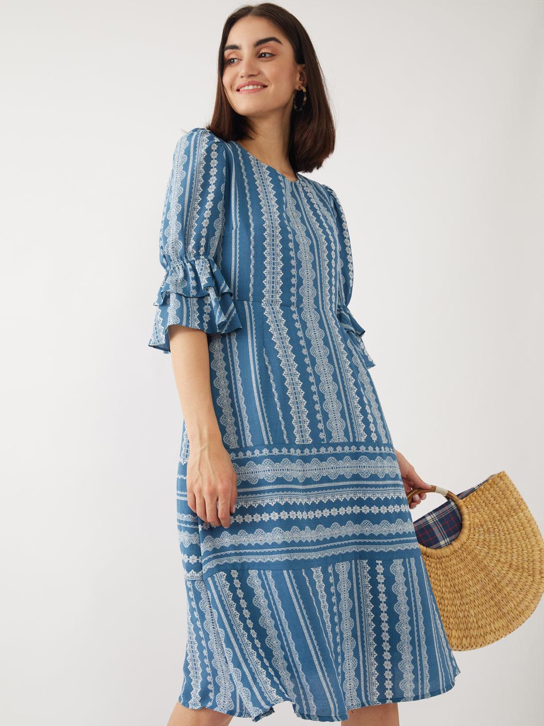 blue printed puff sleeve midi for women