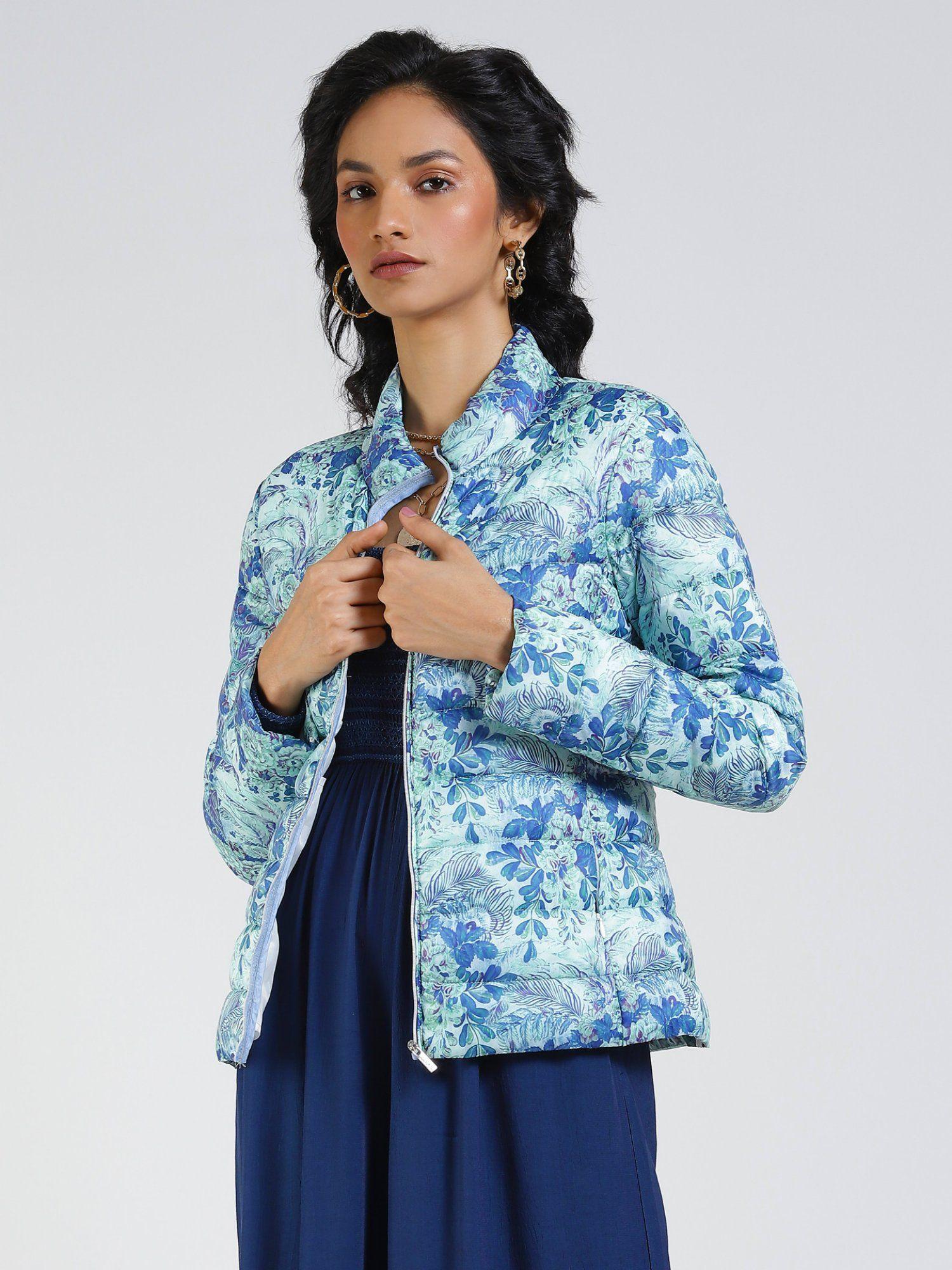 blue printed puffer jacket