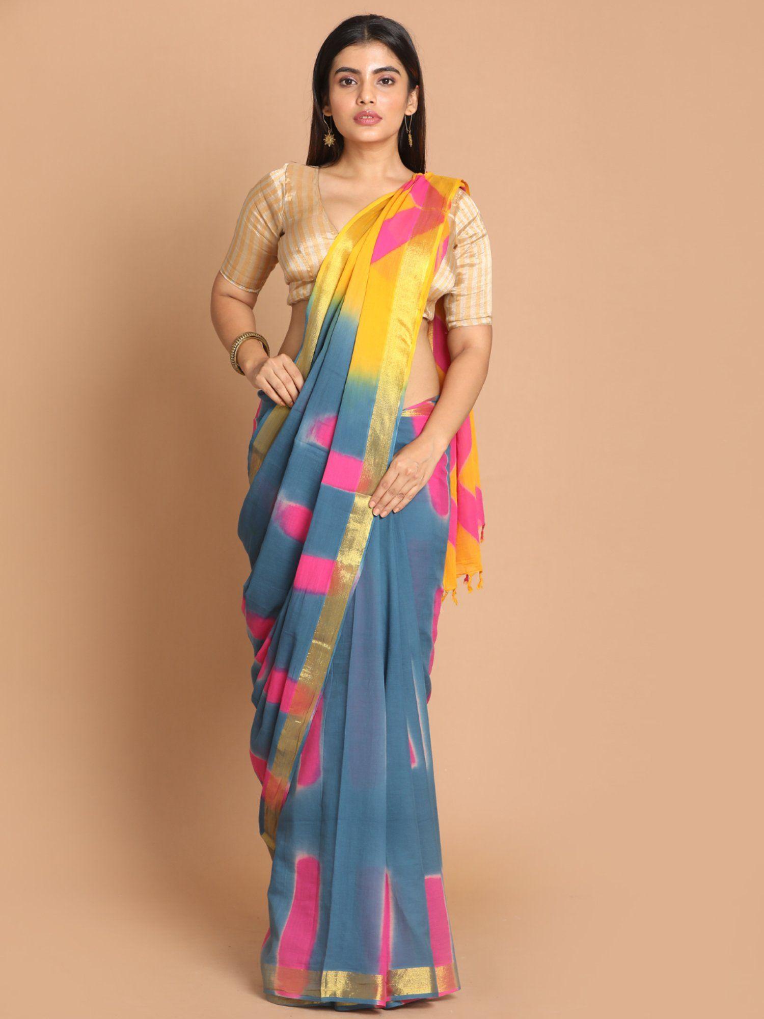 blue printed pure cotton saree with unstitched blouse