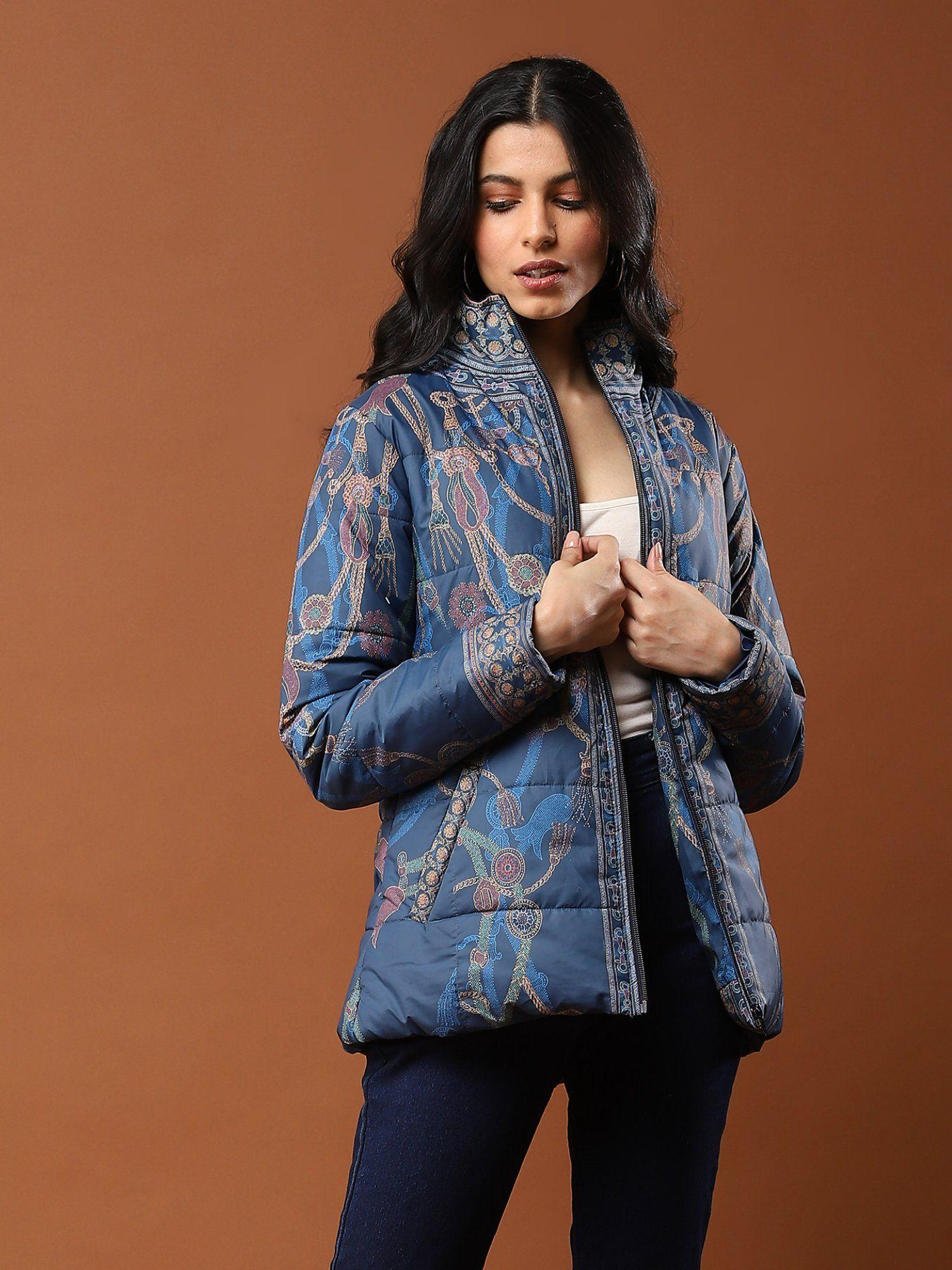 blue printed quilted puffer jacket