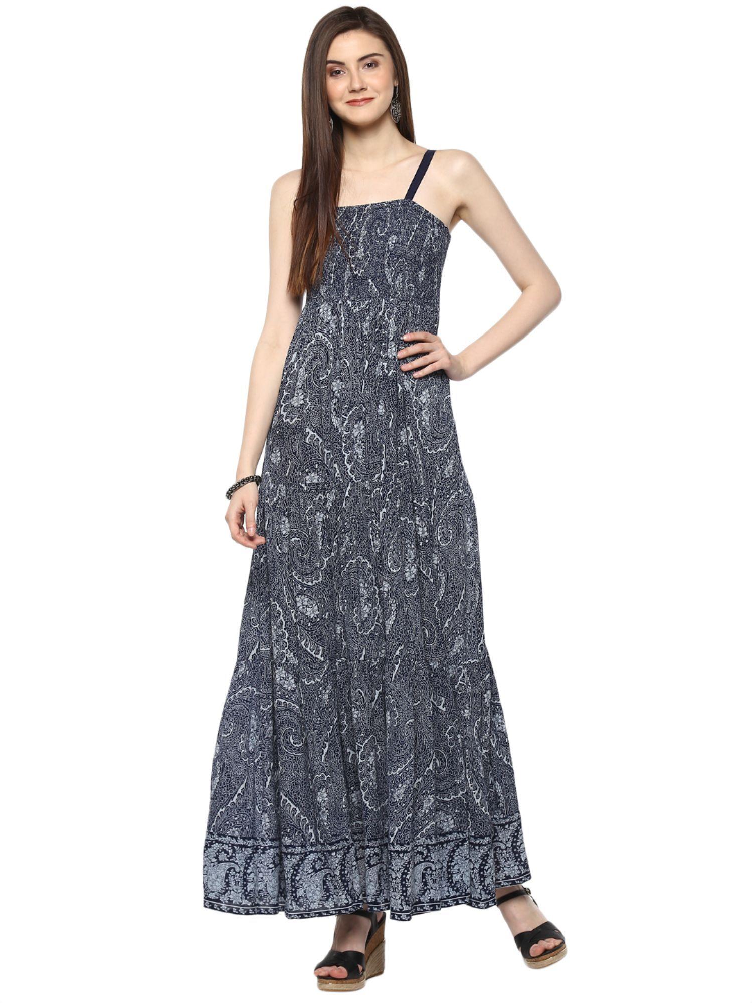 blue printed rayon crepe maxi dress for women