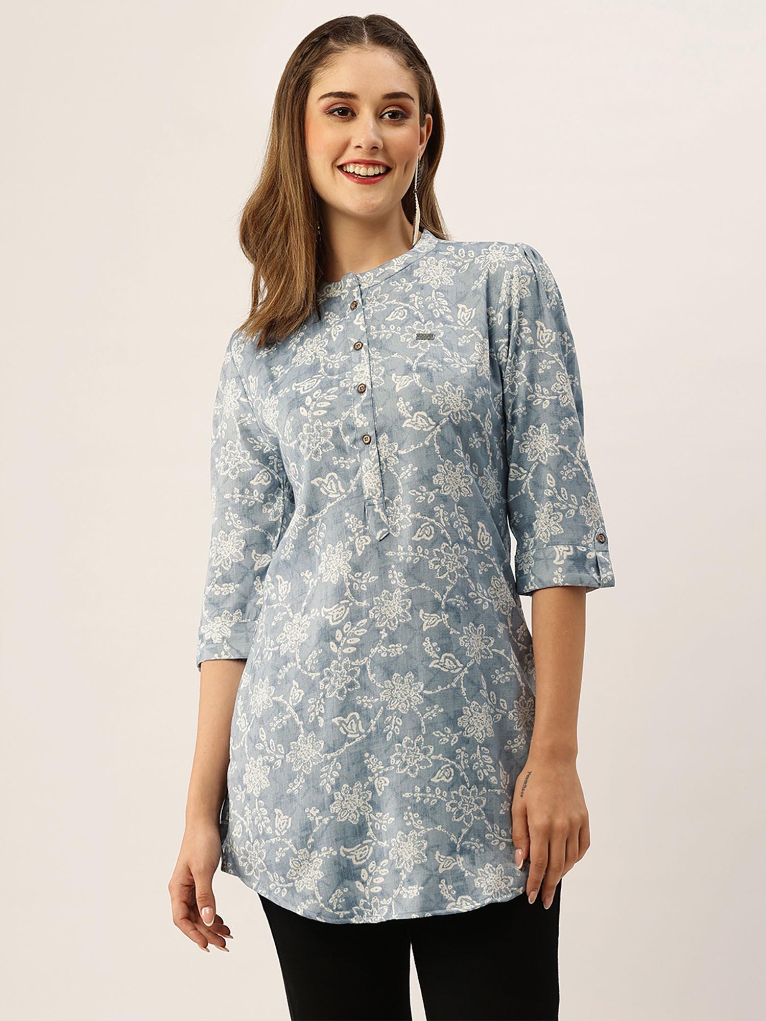 blue printed rayon stitched short kurti for women