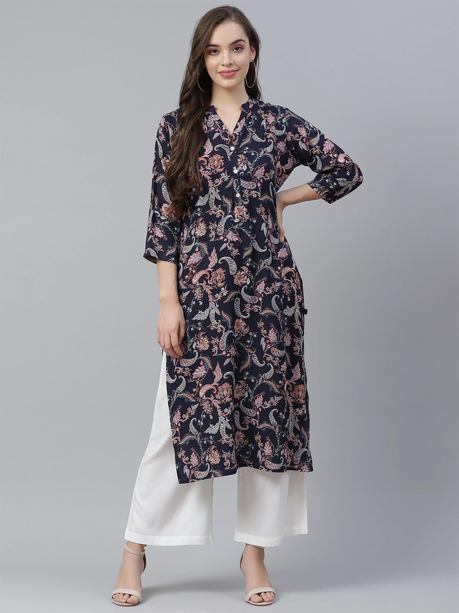 blue printed rayon straight kurti