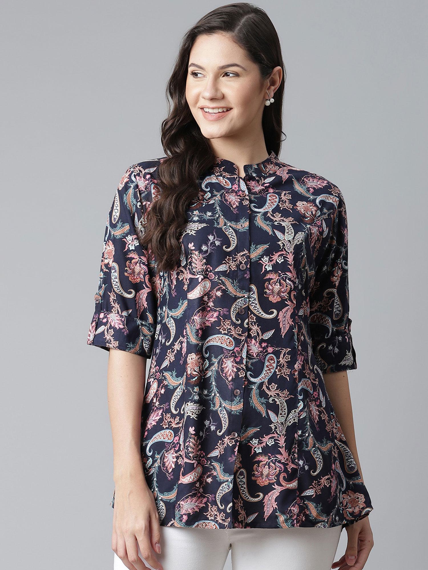 blue printed rayon top