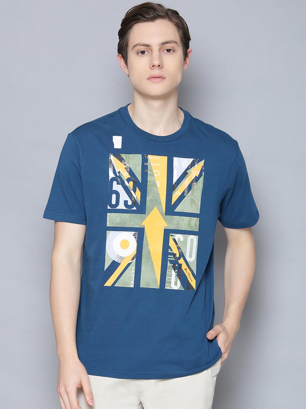 blue printed round neck t-shirt