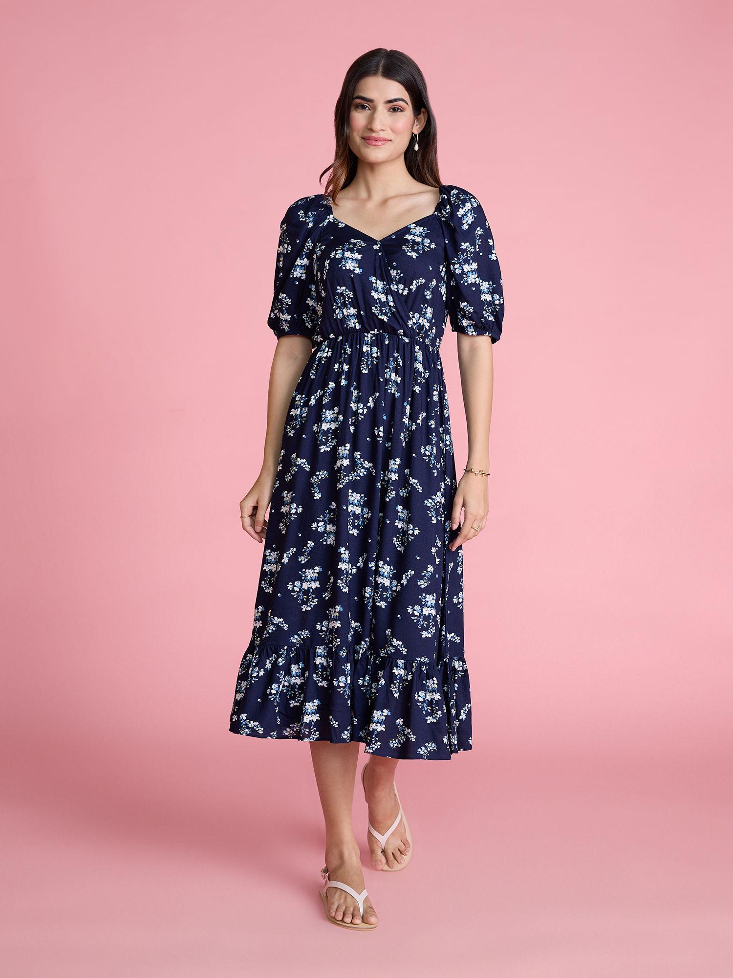 blue printed ruffle floral midi dress