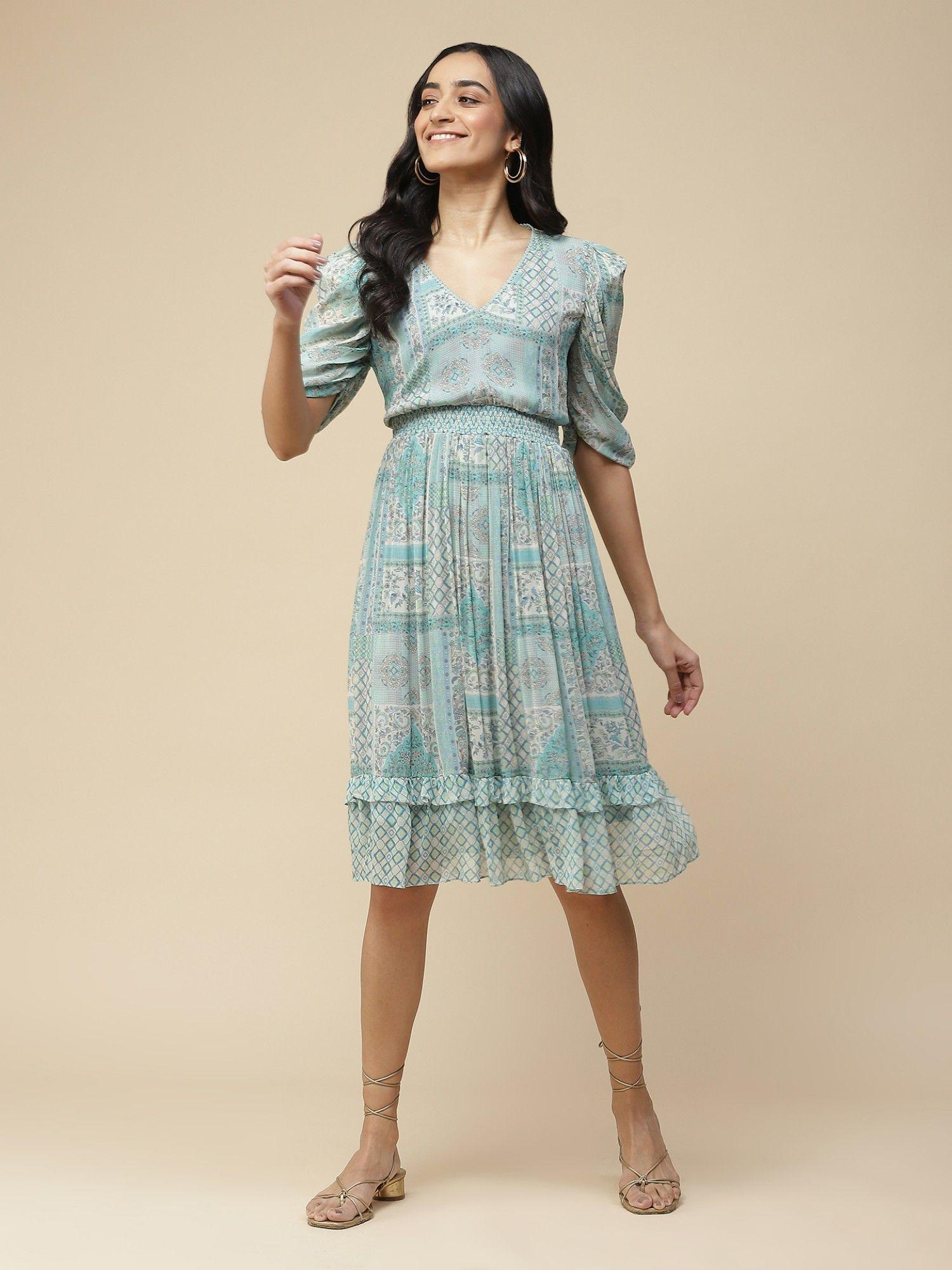 blue printed ruffled dress