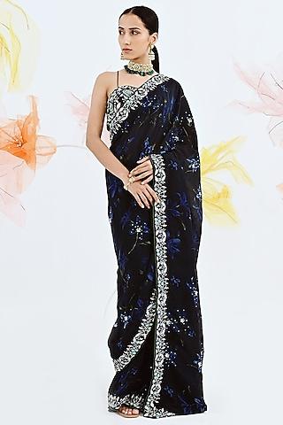 blue printed saree set