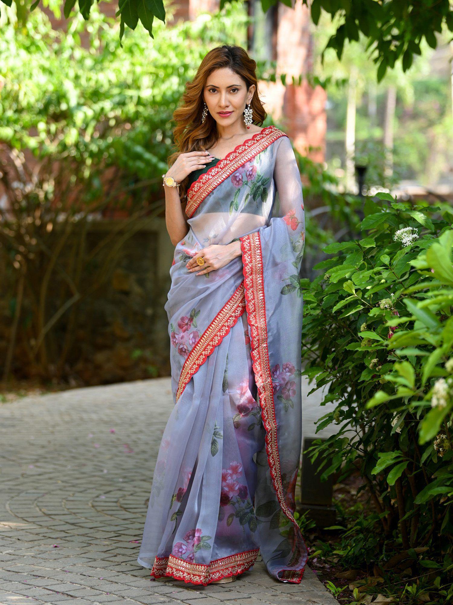 blue printed saree with unstitched blouse