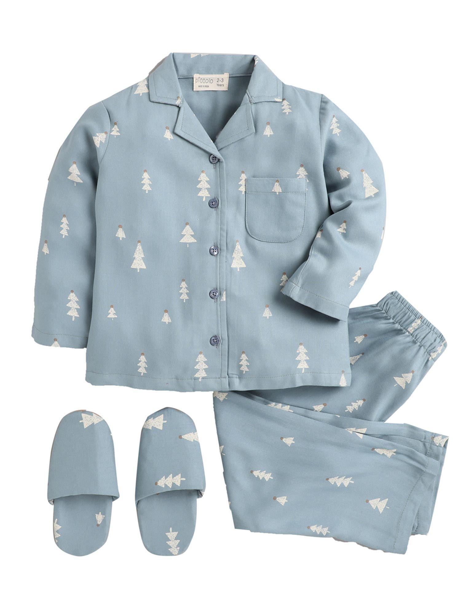 blue printed shirt and pyjama set with slippers (set of 3)