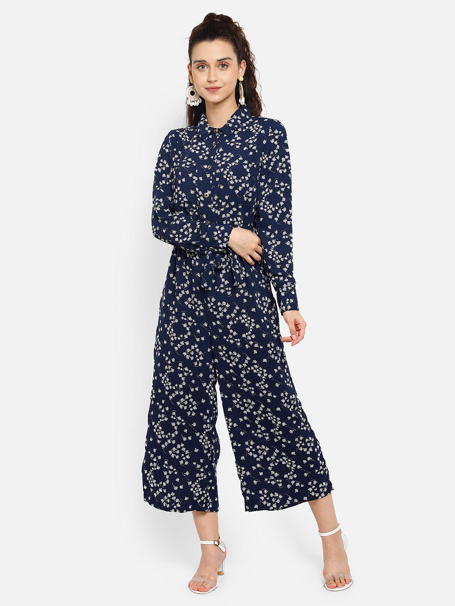 blue printed shirt collar jumpsuit with waist belt