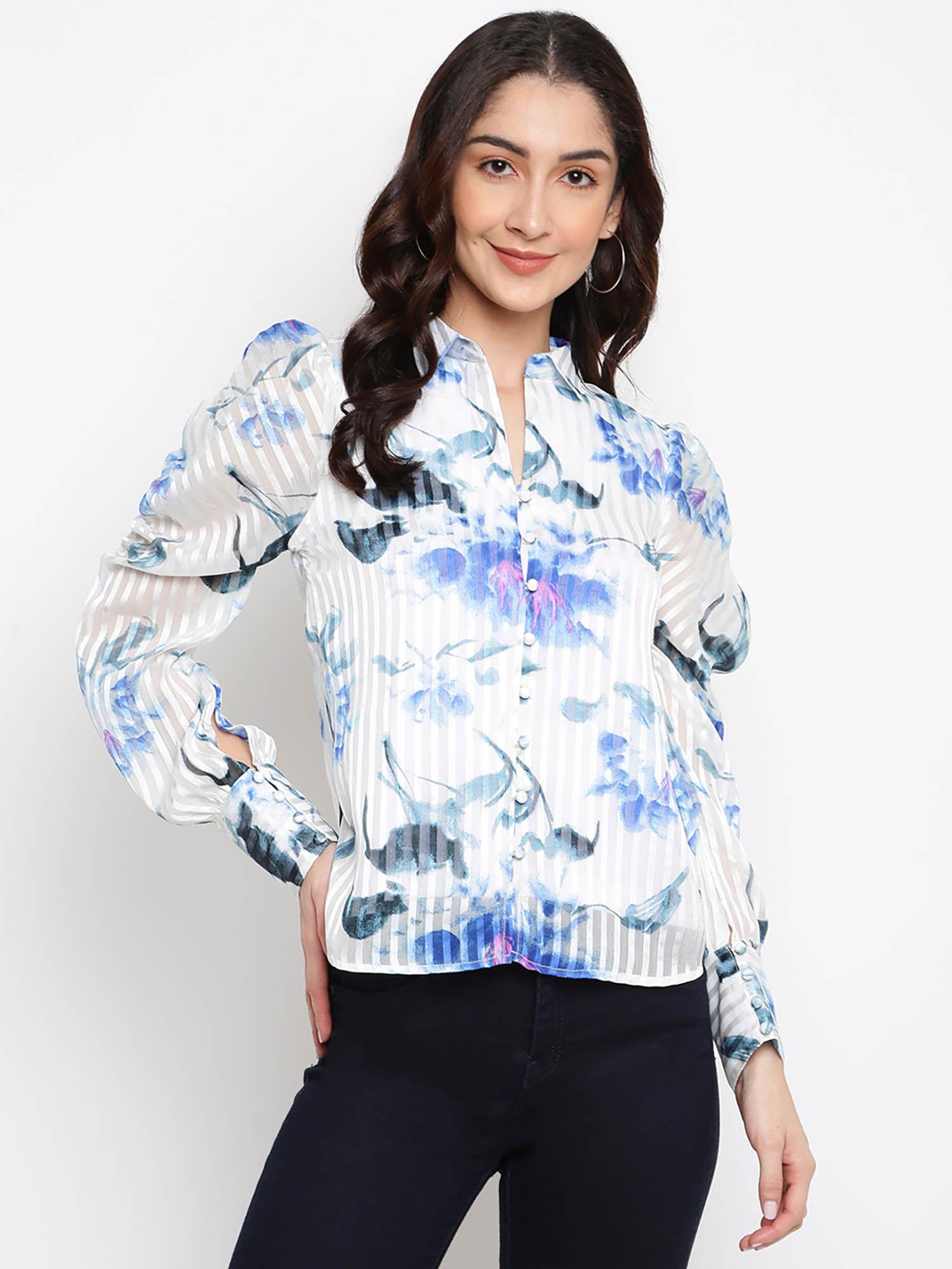 blue printed shirt top with ruffled sleeves