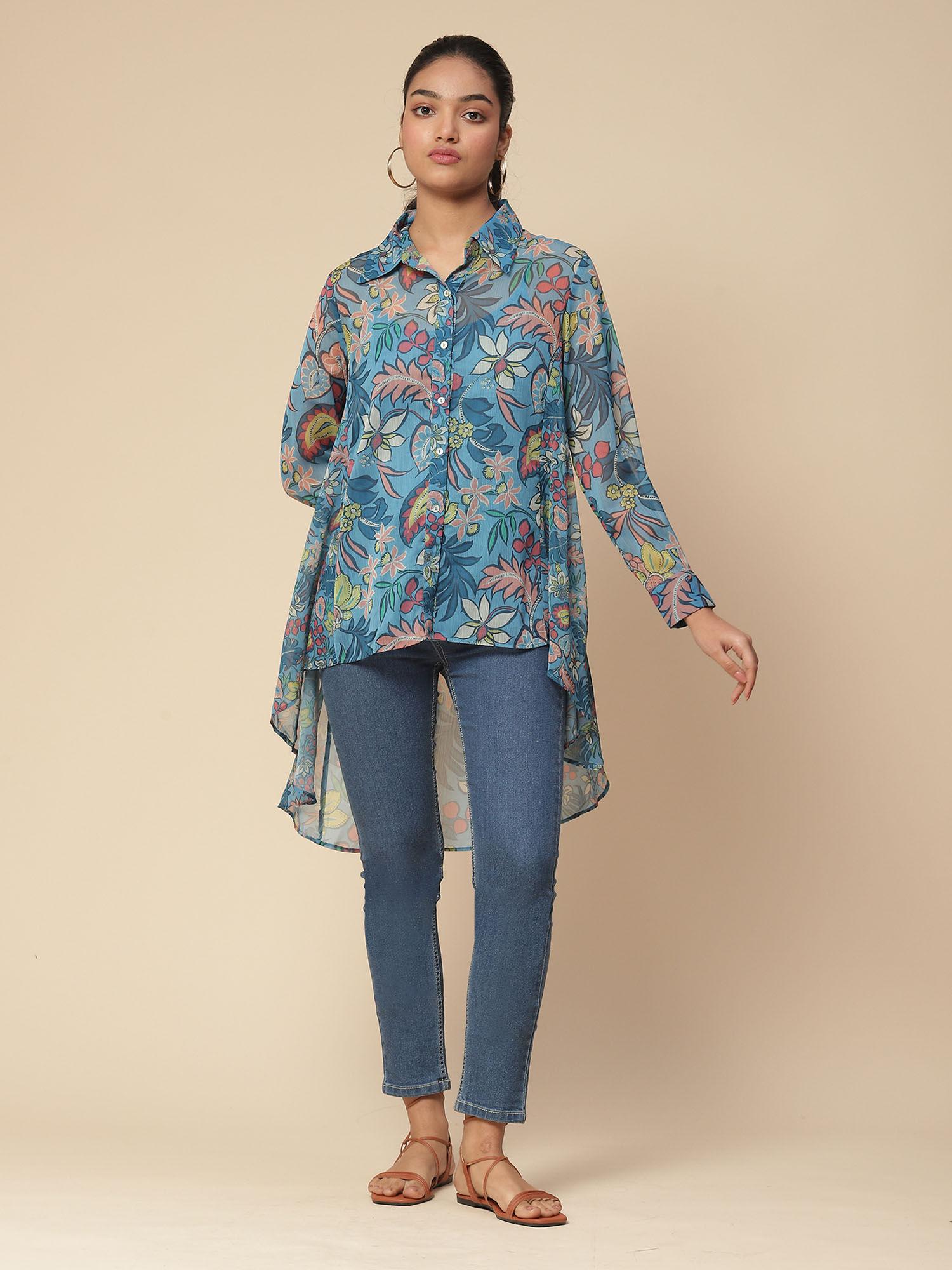 blue printed shirt with camisole (set of 2)