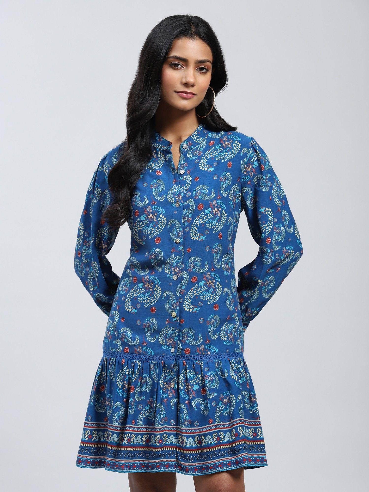 blue printed short dress with inner (set of 2)