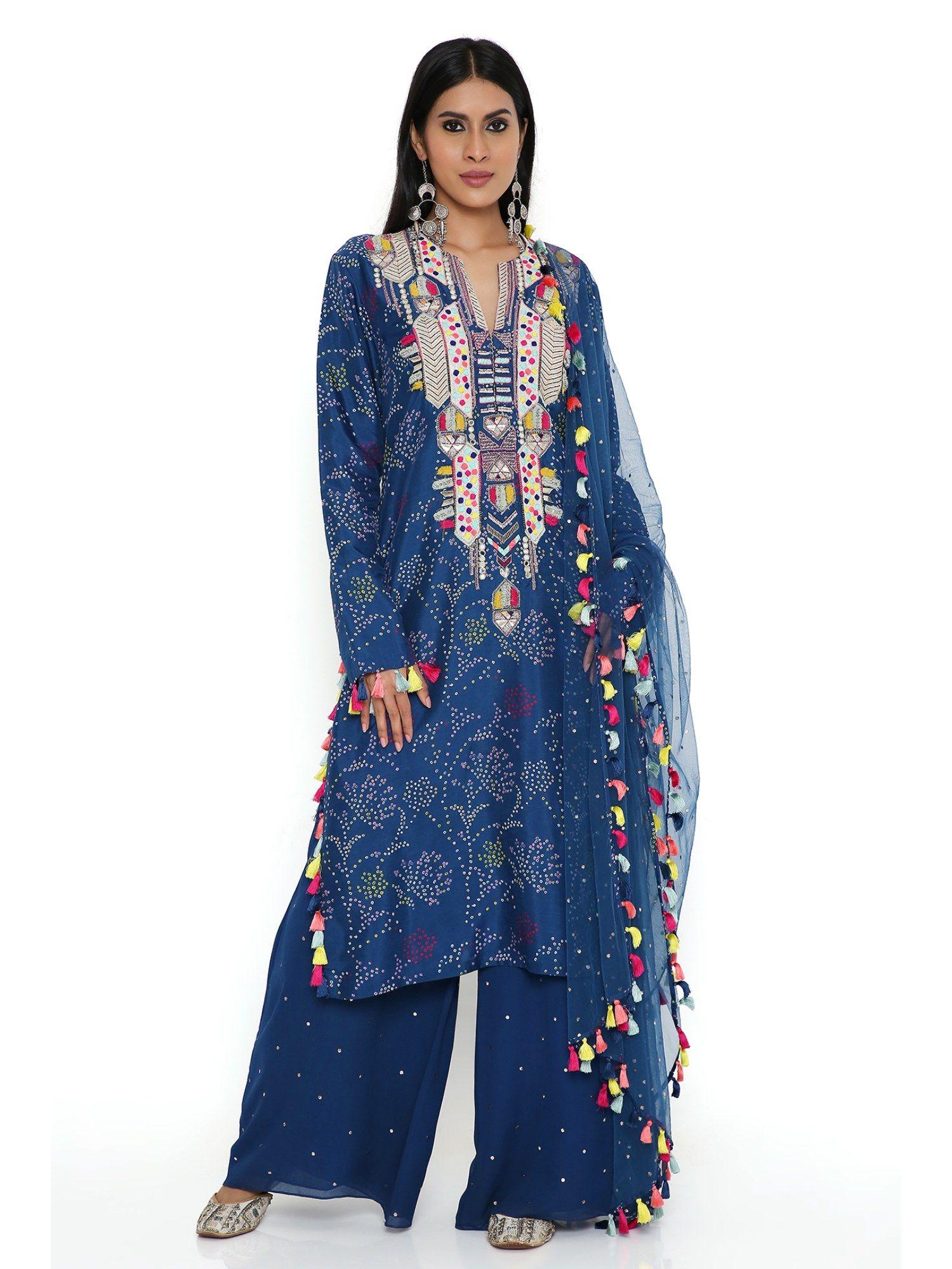 blue printed silk embroidered kurta with mukaish palazzo and dupatta (set of 3)