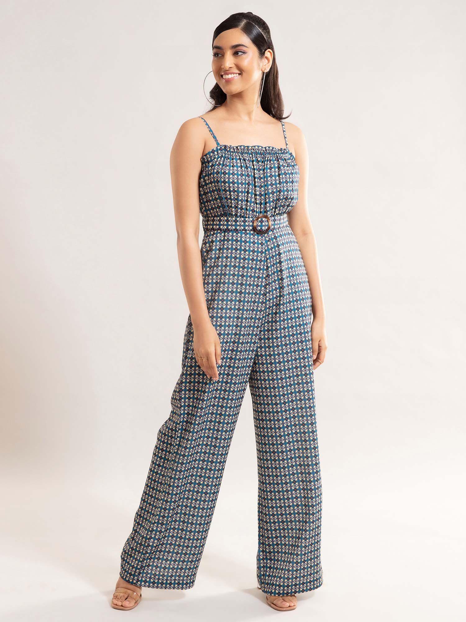 blue printed square neck jumpsuit