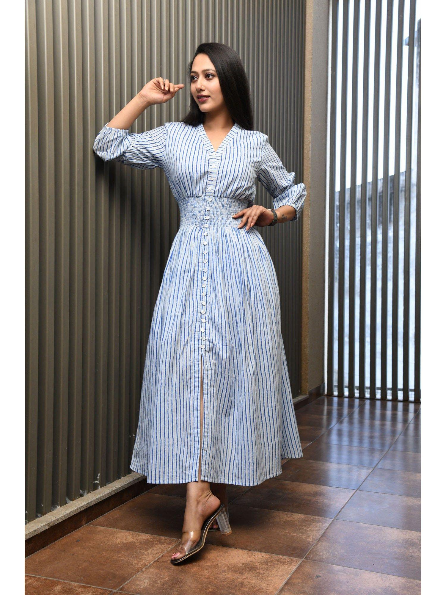 blue printed stripped cotton comfy dress