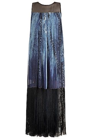 blue printed tassel dress