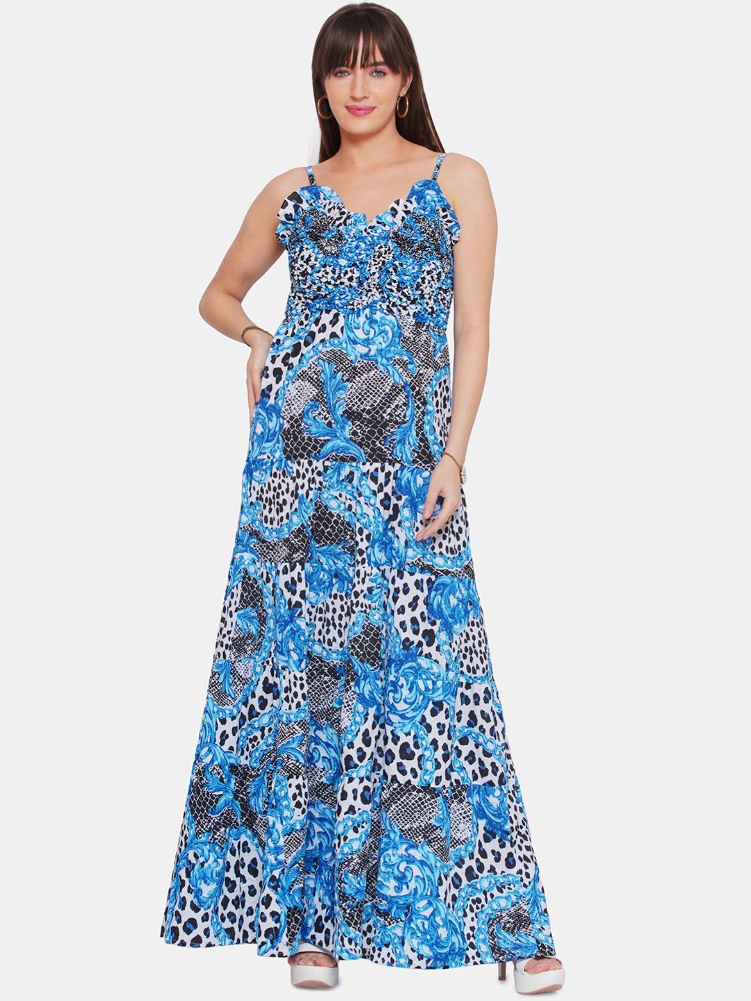 blue printed tier dress