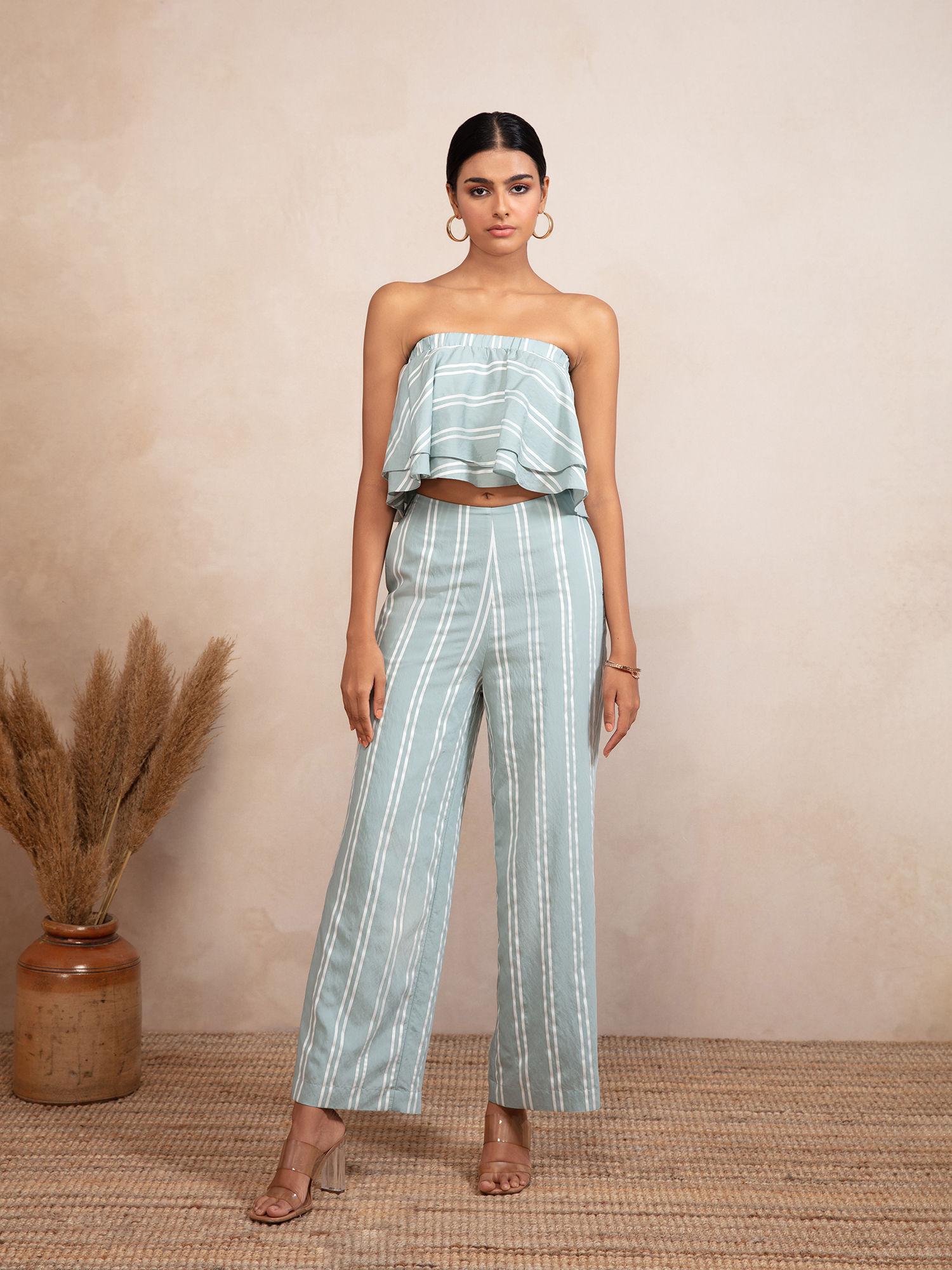 blue printed tube top and straight pants co-ord (set of 2)