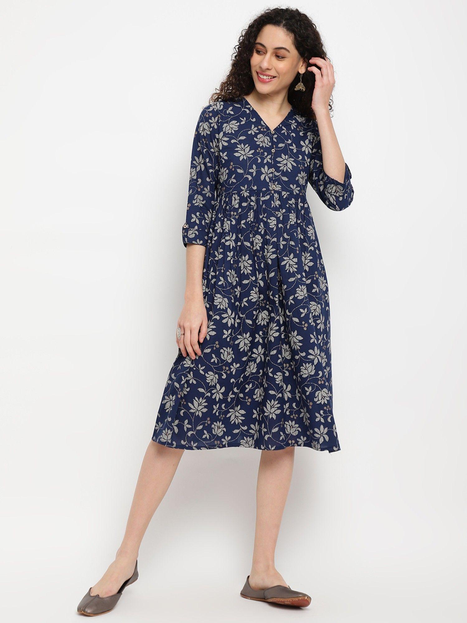 blue printed v-neck gathered dress