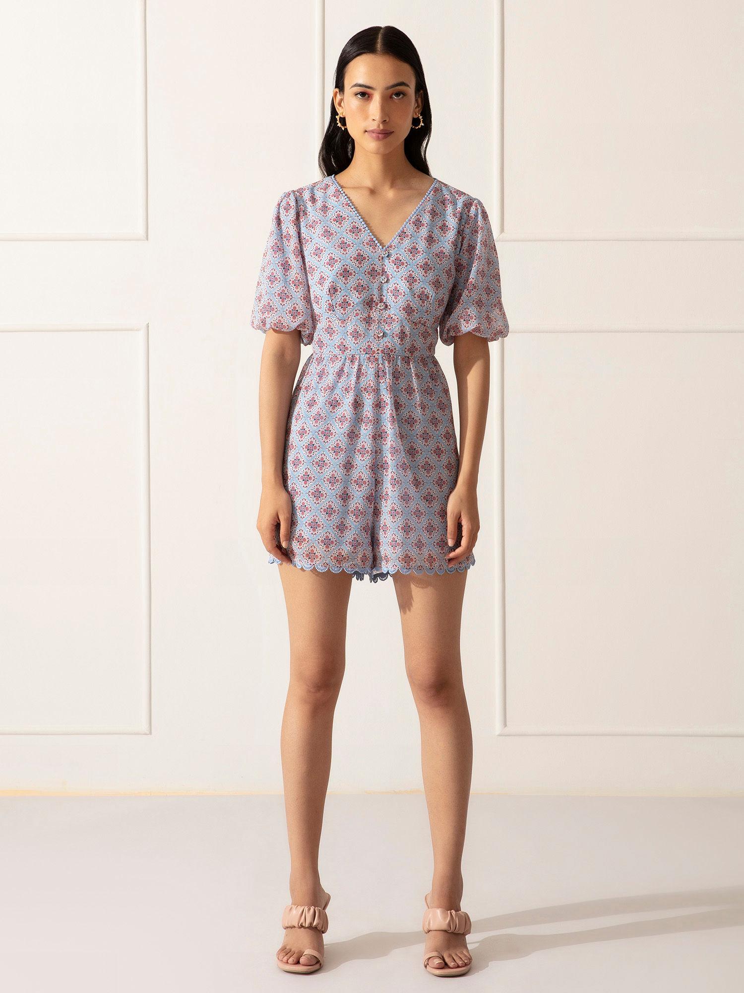 blue printed v neck playsuit