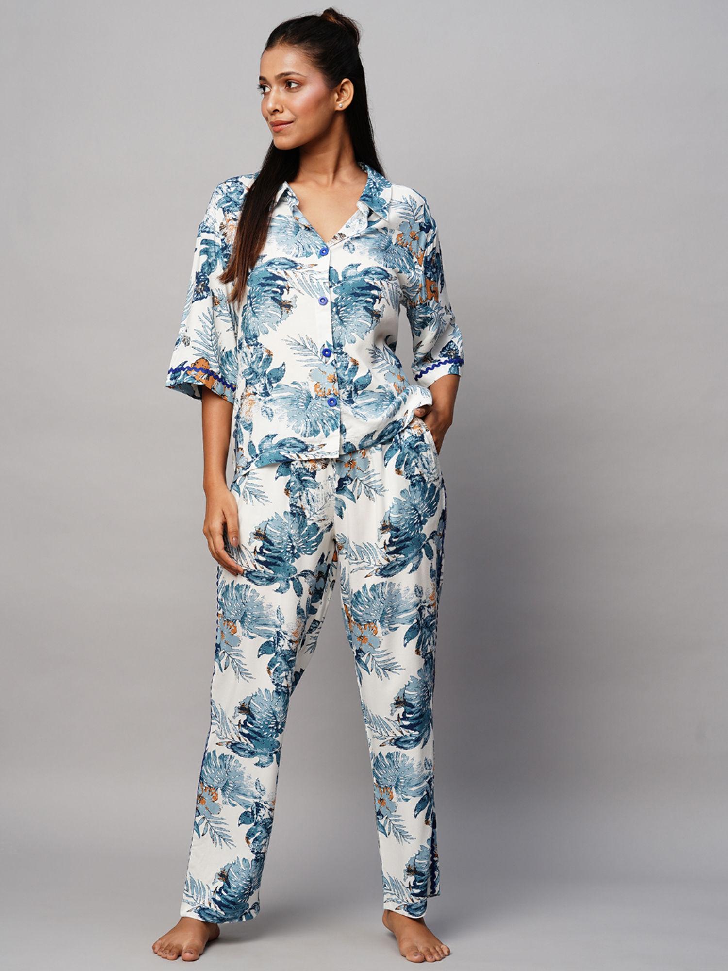 blue printed viscose collar shirt pyjama (set of 2)