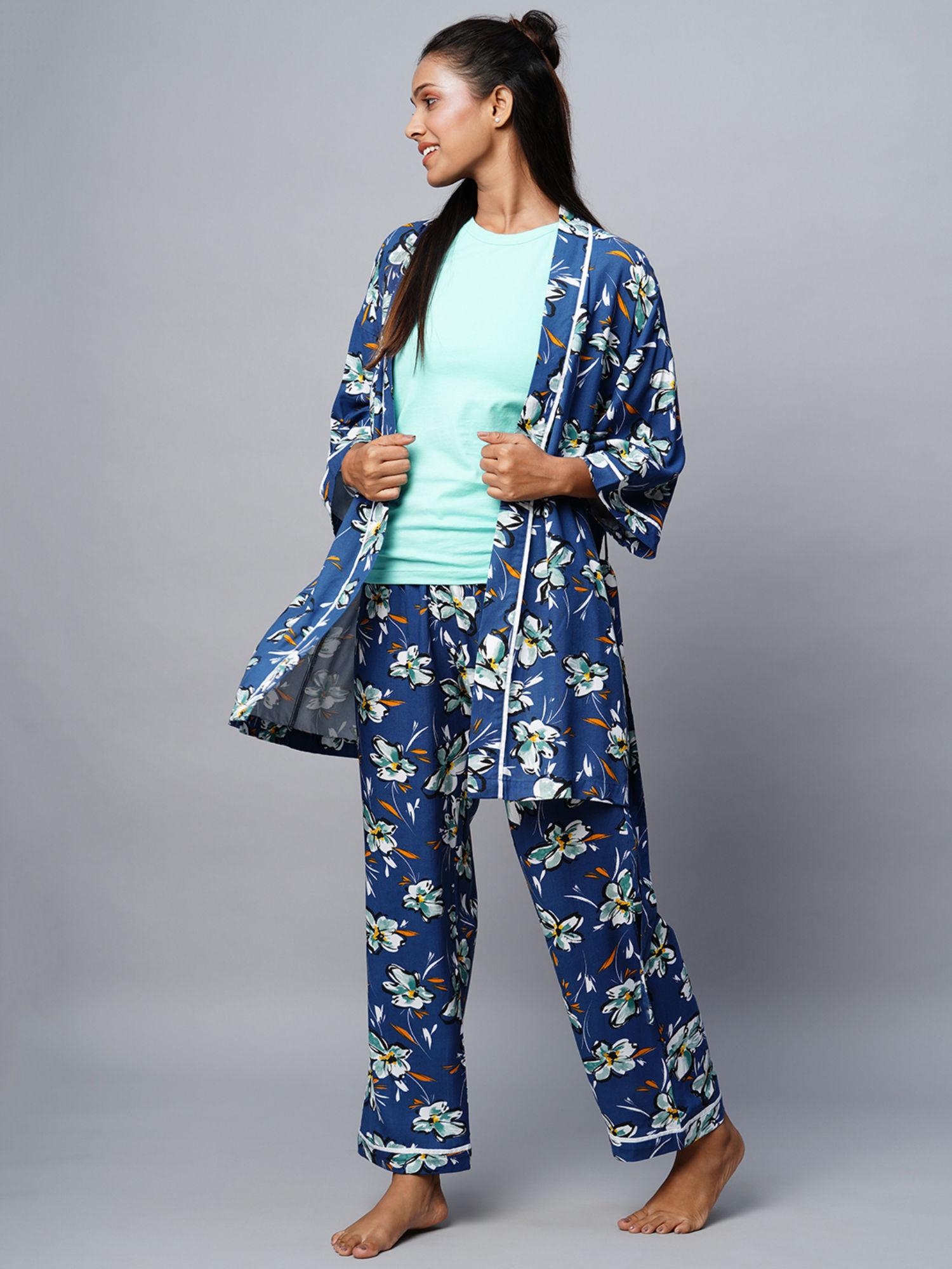 blue printed viscose pyjama with in cut jersey tank & robe (set of 4)