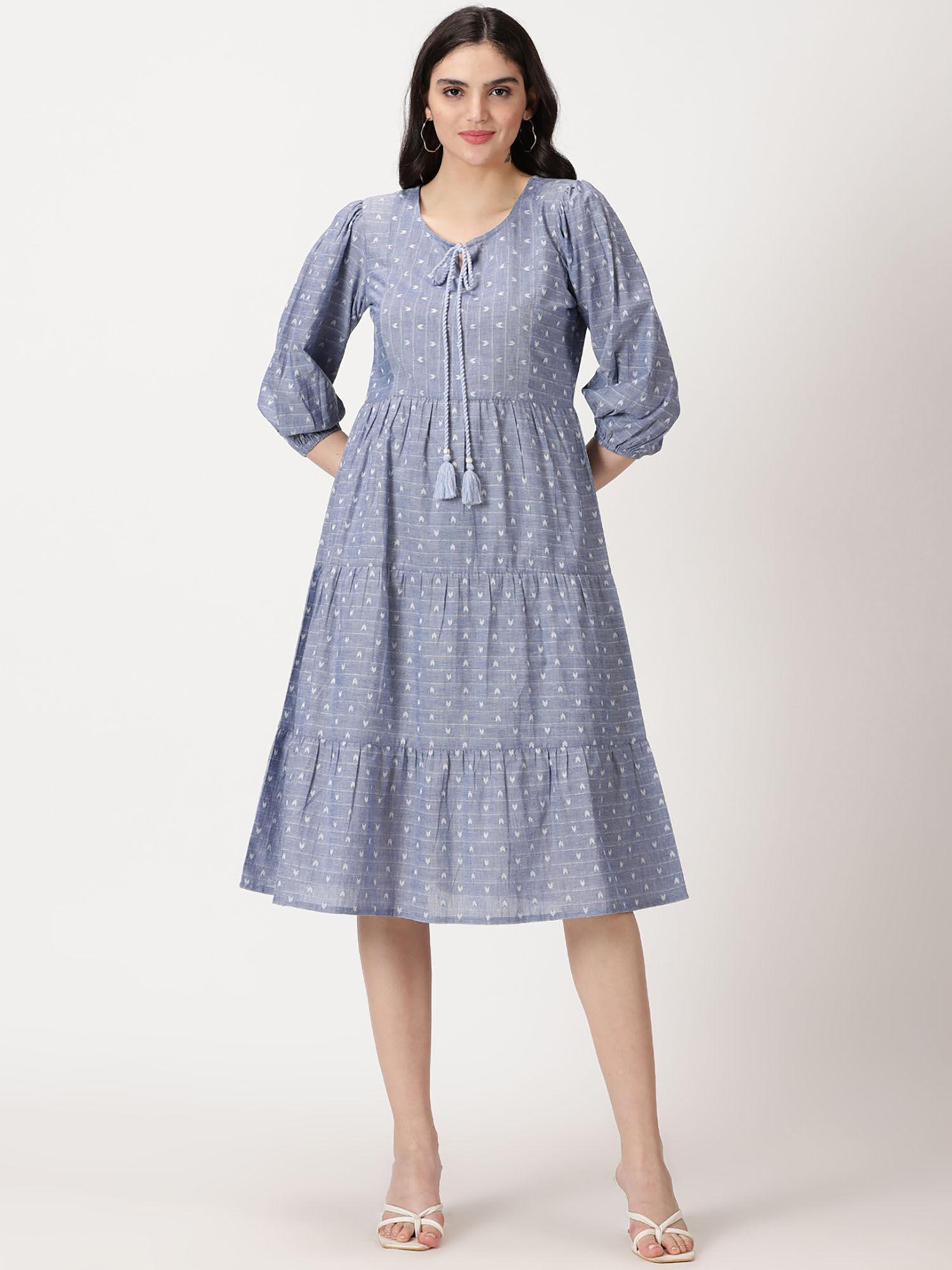 blue printed woven design cotton tiered midi dress