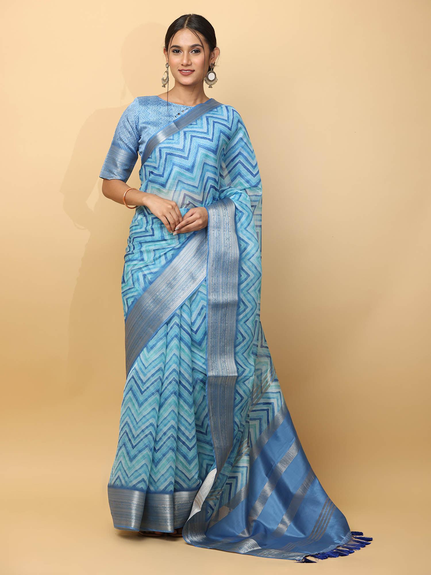 blue printed zari organza saree with unstitched blouse