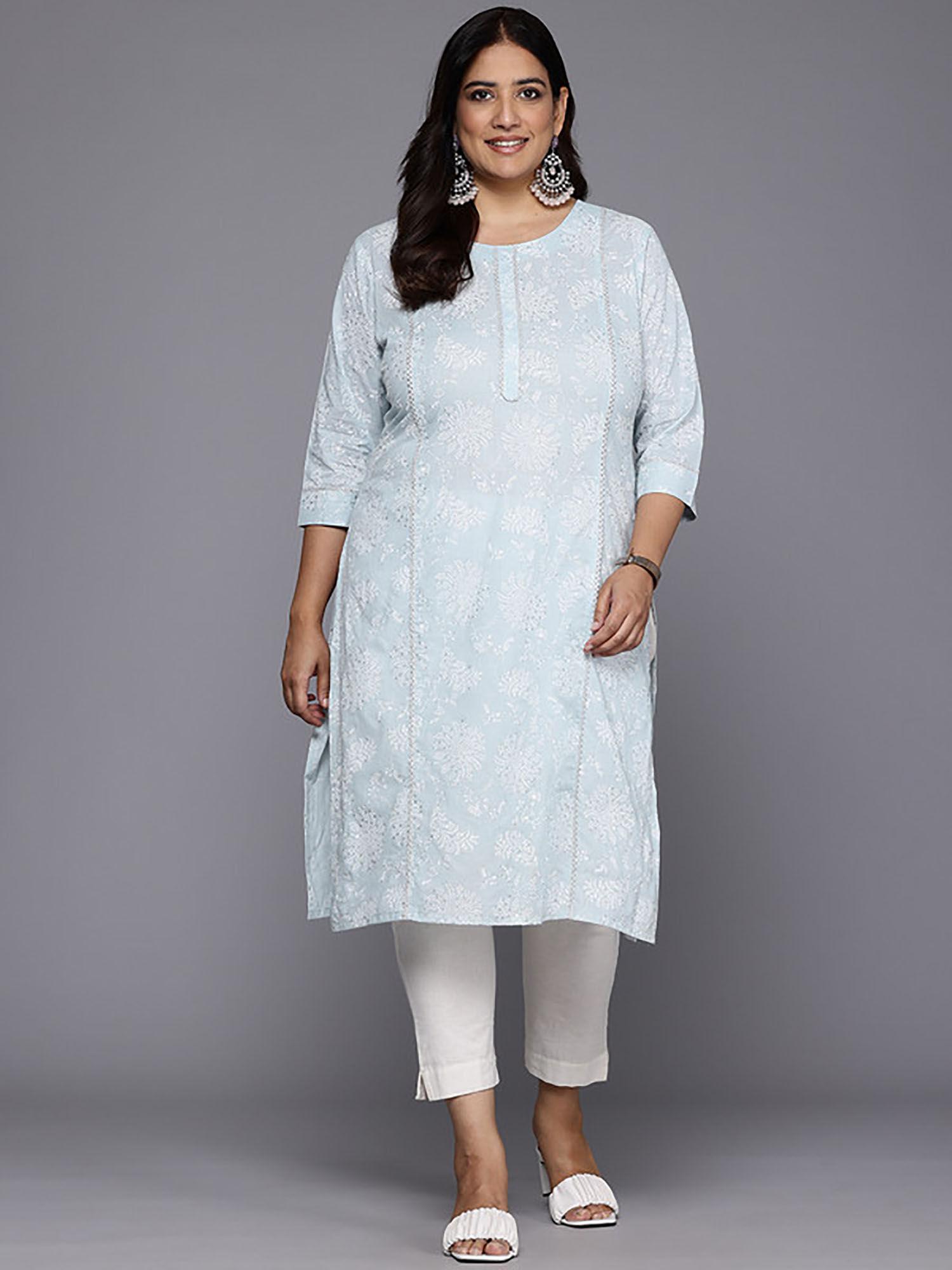 blue printed zari pure cotton kurta