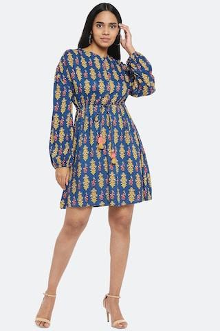 blue printeded round neck casual thigh-length full sleeves women regular fit dress