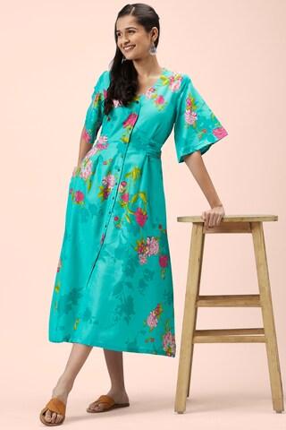 blue printeded v neck casual calf-length elbow sleeves women regular fit dress