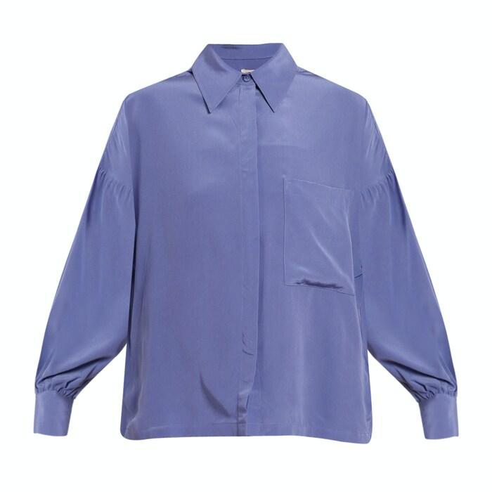 blue puff sleeve button down shirt