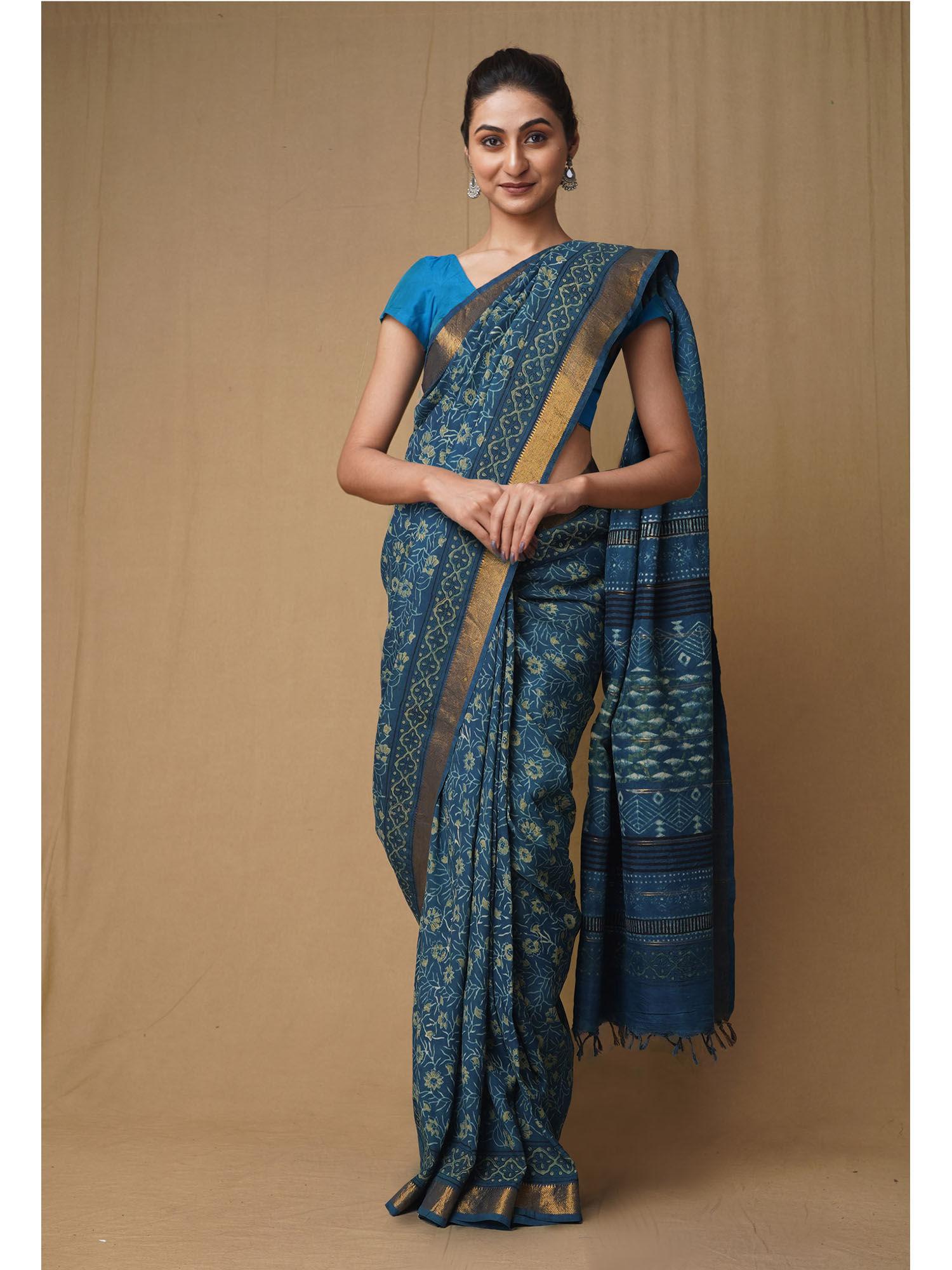 blue pure ajrakh printed soft silk saree with unstitched blouse