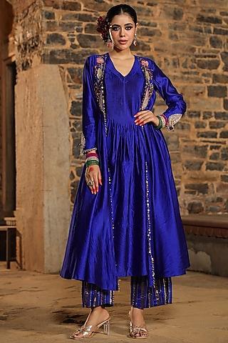blue pure banarasi spun silk resham embroidered kurta set