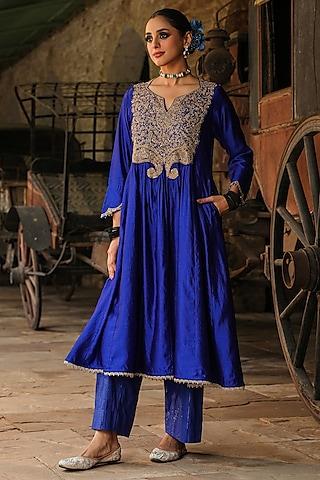 blue pure banarasi spun silk resham embroidered kurta set